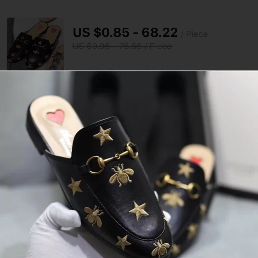 Gucci Black Leather Star and Bee Embroidered Princetown Flat Mules Size 44
